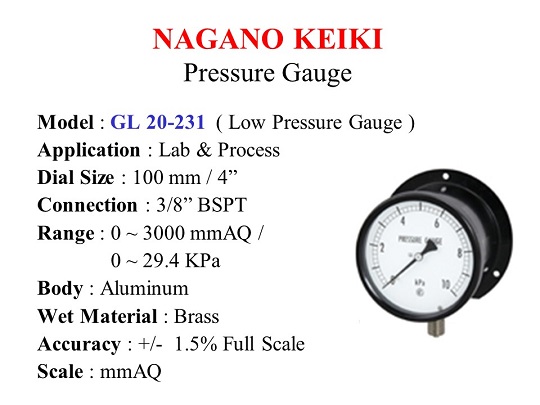 Pressure Gauge GL 20-231 / Low Pressure mmAq.  Dial 100 mm, Screw 3/8" BSPT - Nagano - Gamako